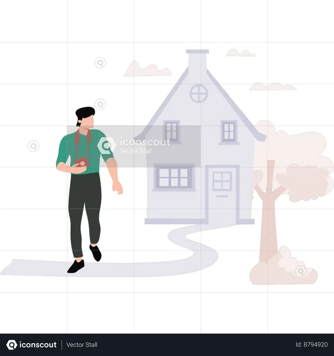 Boy is standing outside the house  Illustration