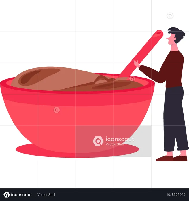 Boy is stirring the melted chocolate  Illustration
