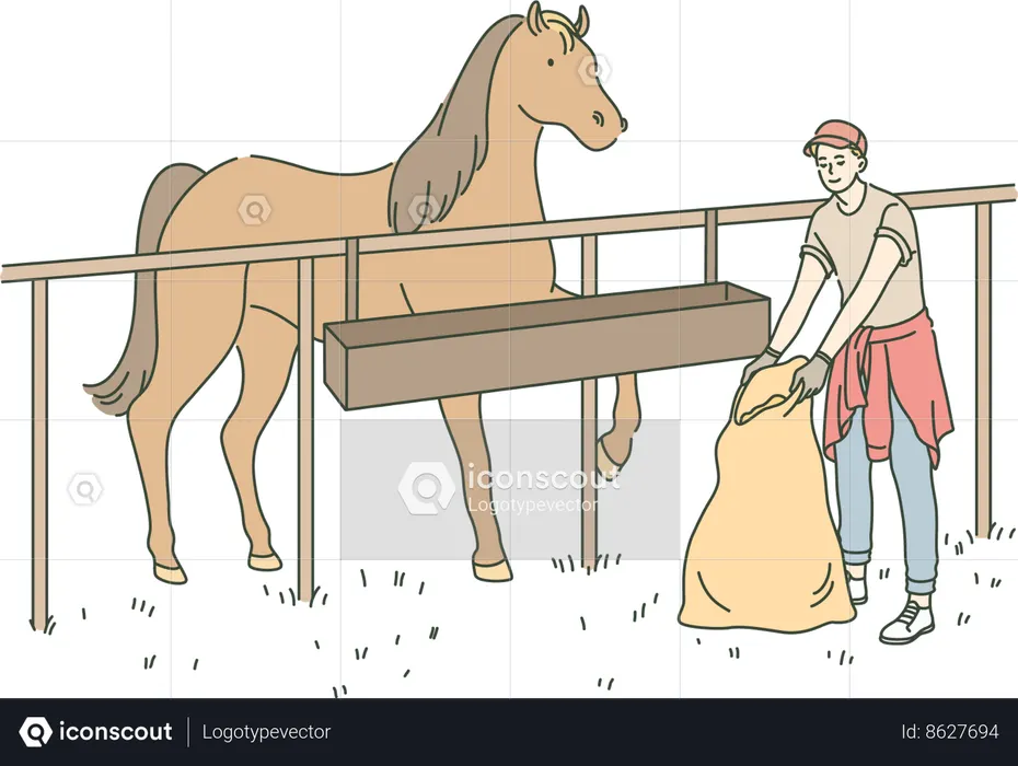 Boy is taking care of horse in stable  Illustration
