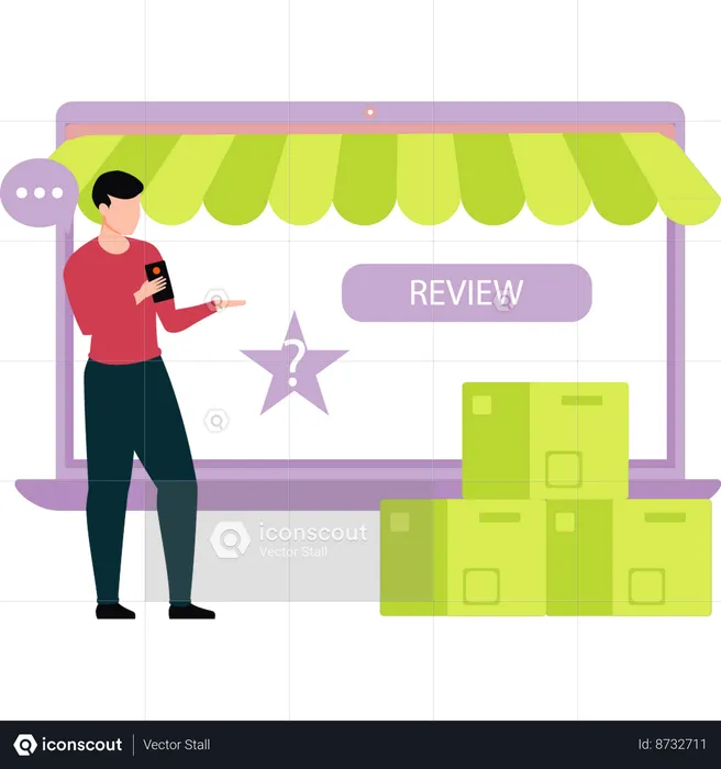 Boy is talking about online shopping through reviews  Illustration