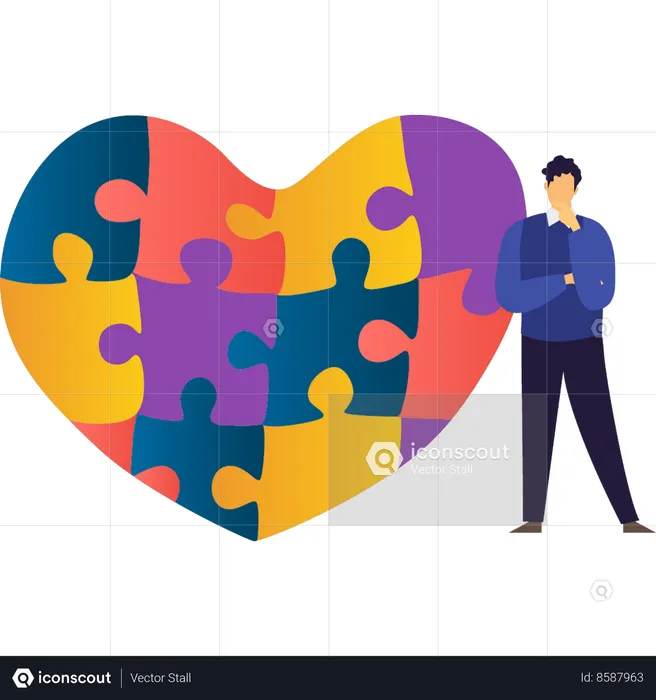 Boy is thinking about solution for heart puzzle  Illustration
