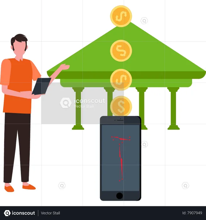 Boy is transferring money to bank  Illustration