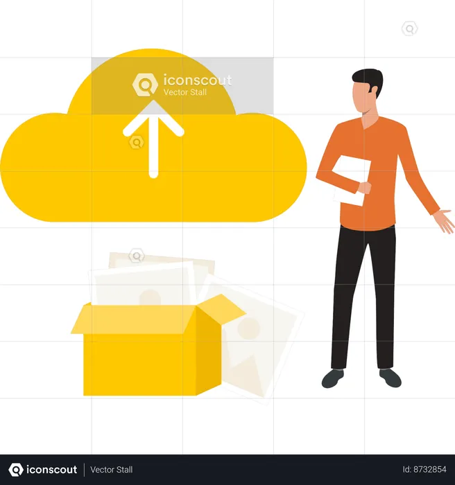 Boy is uploading cloud data  Illustration