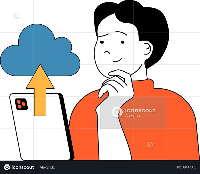 Boy is uploading mobile data on cloud  Illustration