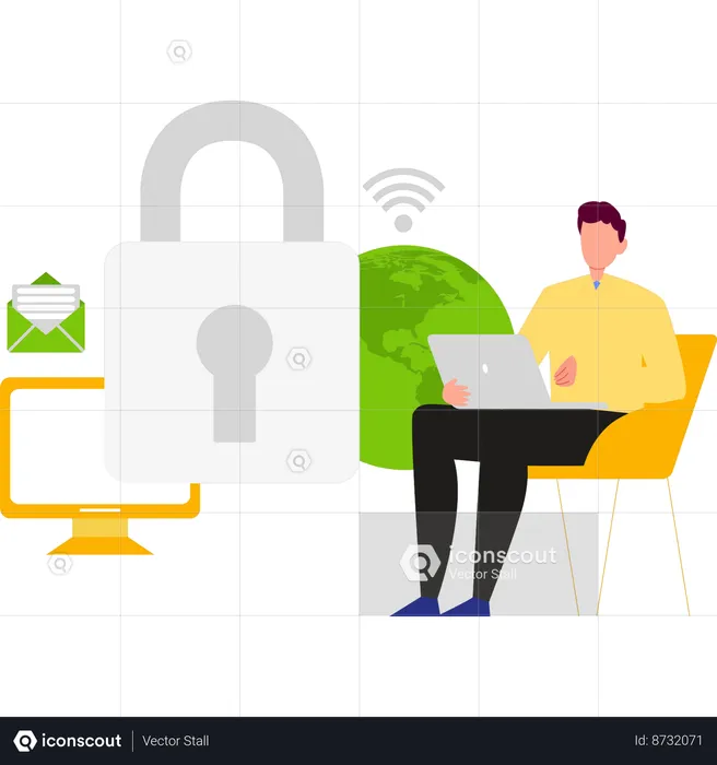 Boy is using laptop for email security  Illustration