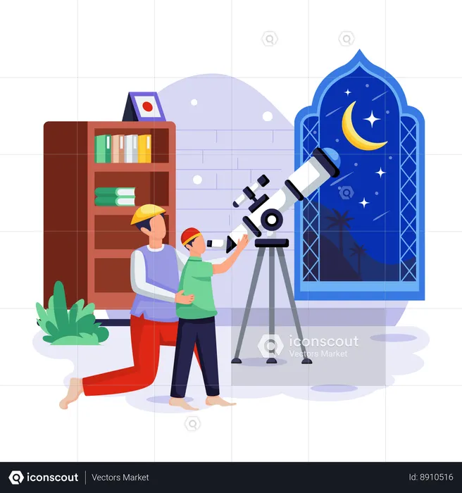 Boy is viewing crescent moon in sky  Illustration