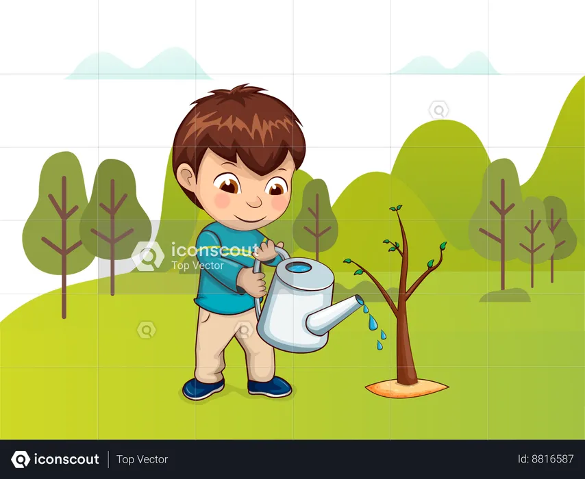 Boy is watering plants in garden  Illustration