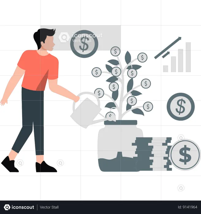 Boy is watering the money plant  Illustration