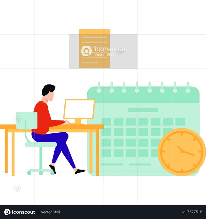 Boy  is working at his desk on a monitor  Illustration