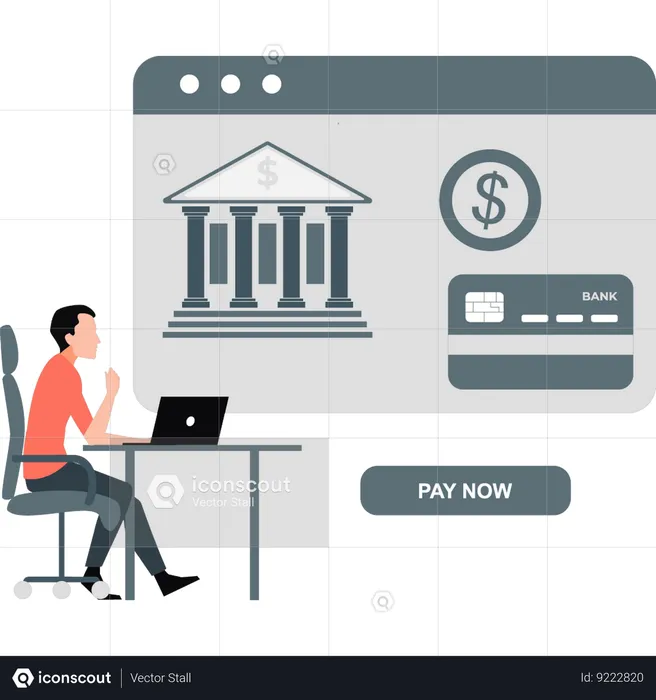 Boy is working in online banking on laptop  Illustration