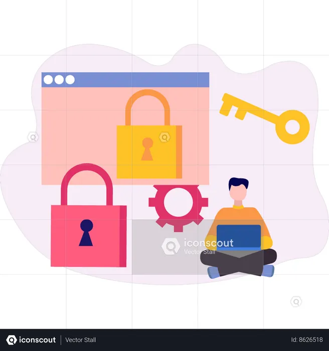 Boy is working on laptop on account security webpage  Illustration