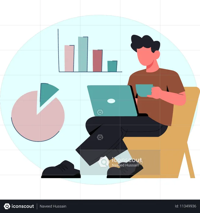 Boy is working on pie chart  Illustration