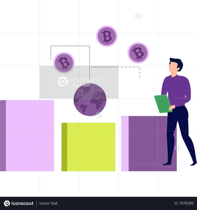 Boy is working on the bitcoin graph  Illustration