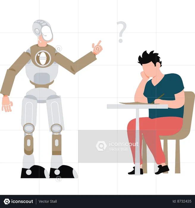 Boy is writing about AI robots  Illustration