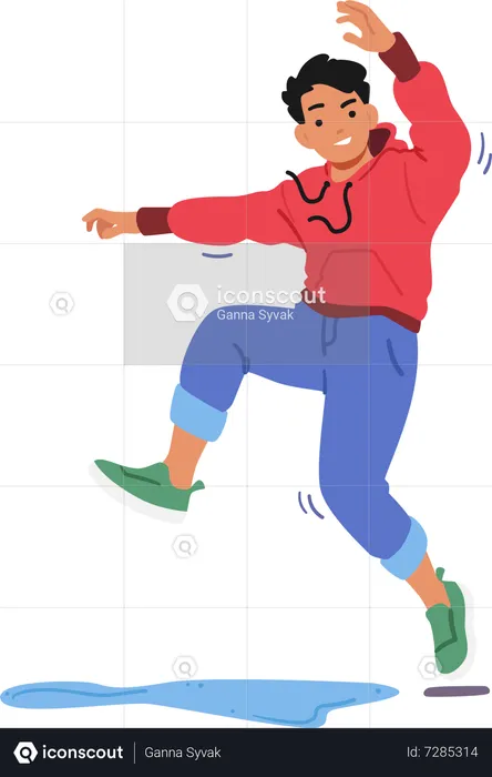 Boy jumping above water puddle  Illustration