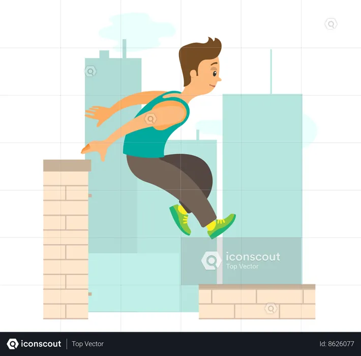 Boy jumping from one roof to another  Illustration