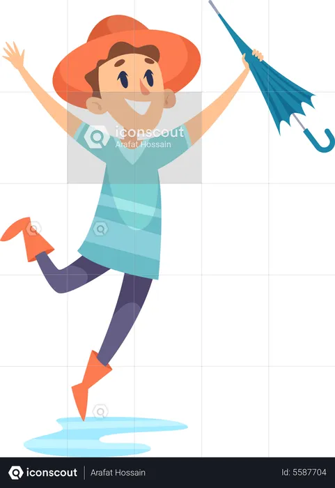 Boy jumping in rain with umbrella  Illustration