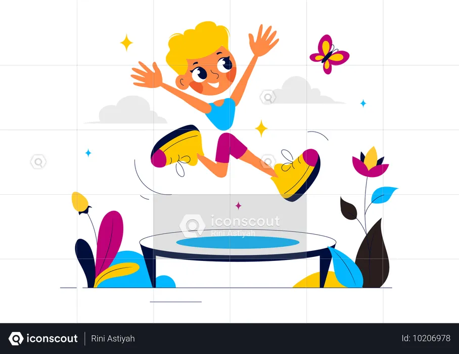 Boy jumping on trampoline  Illustration