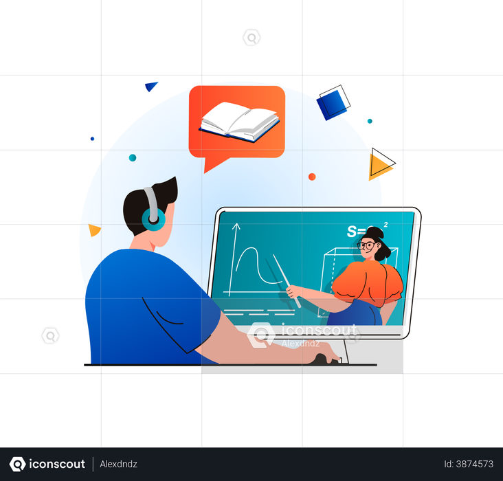 Best Premium Boy learning Math in online class Illustration download in