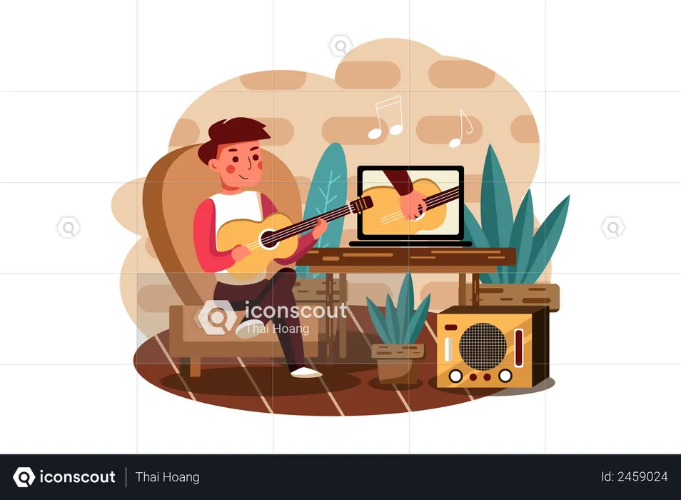 Boy learning to play musical instrument online  Illustration