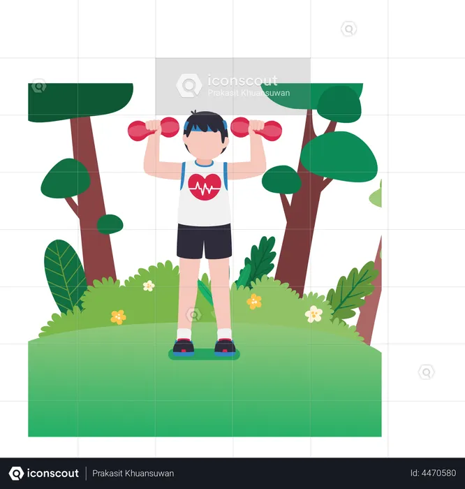 Boy lifting dumbbells while staying fit  Illustration