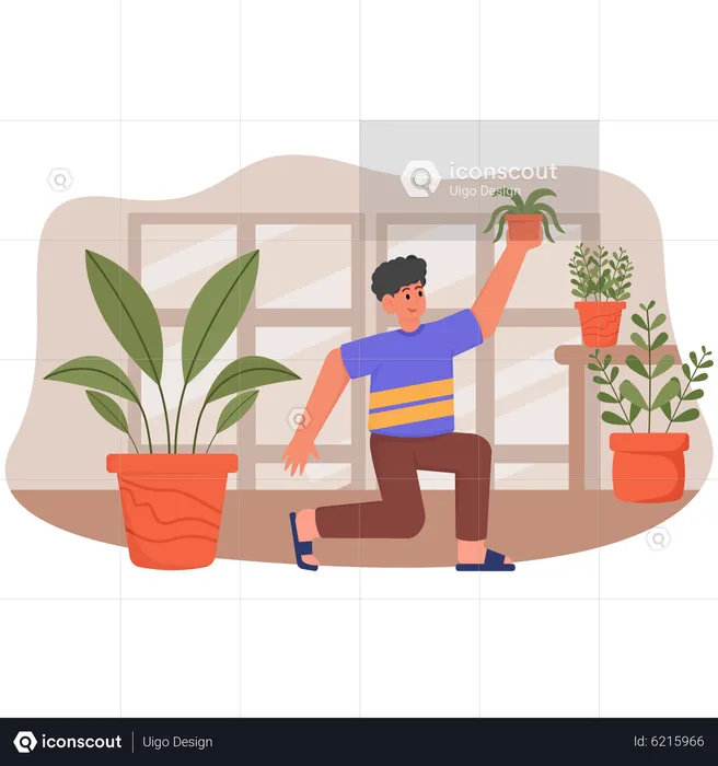 Boy lifting plant pot  Illustration