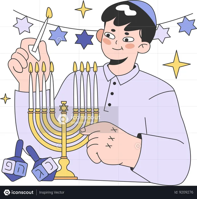 Boy lights up candle stand on Hanukkah  Illustration
