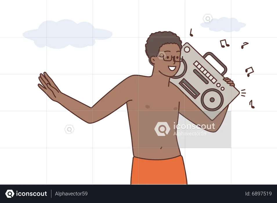Boy listening music in boombox  Illustration