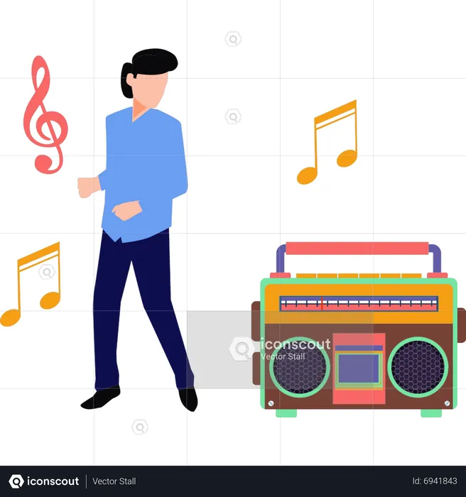 Boy listening music through music box  Illustration