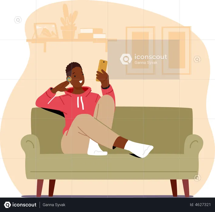 Boy listening to podcast while sitting on couch  Illustration