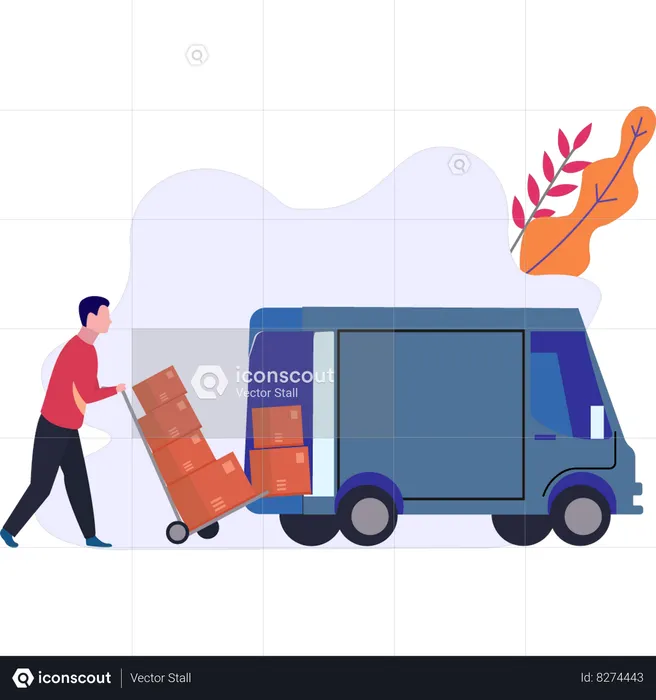 Boy Loading Cartons Into Truck Using Trolley  Illustration