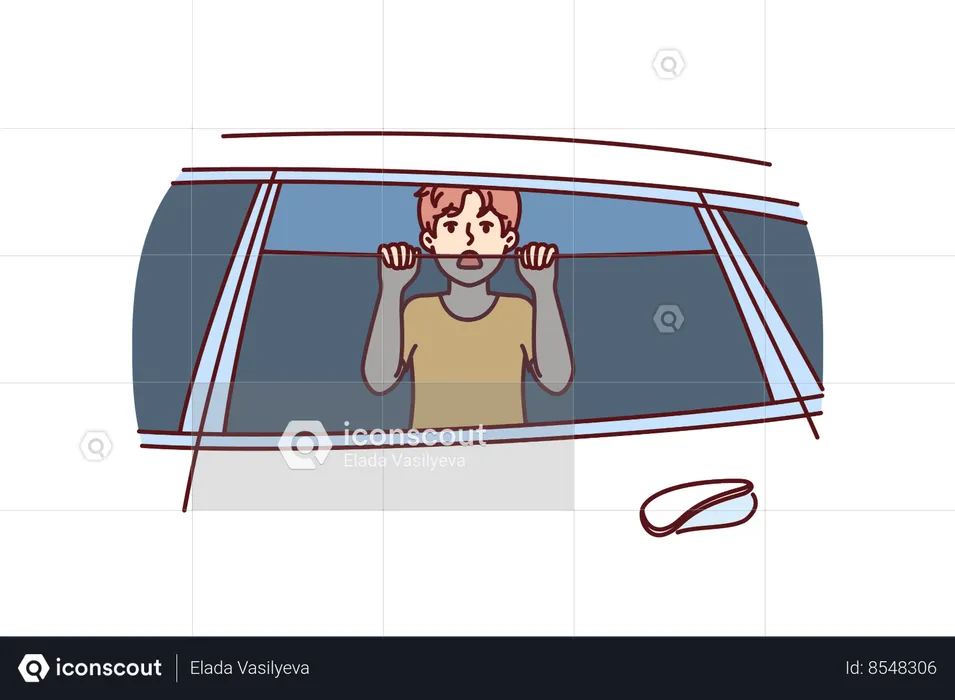 Boy locked in car is trying to get out and beg for help being in danger  Illustration