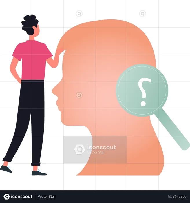 Boy looking at a question mark on the human brain  Illustration