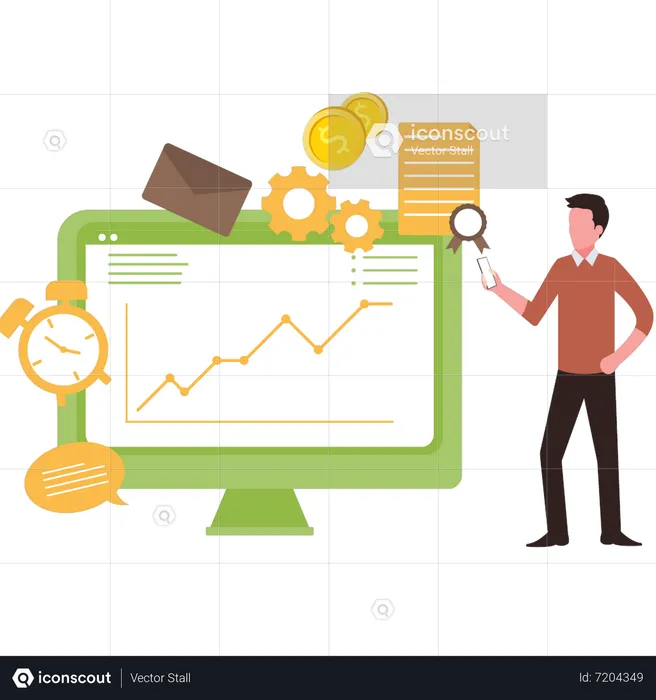 Boy looking at analytical graph  Illustration