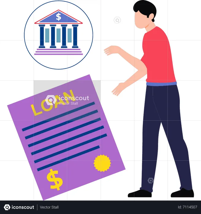 Boy looking at bank loan document  Illustration