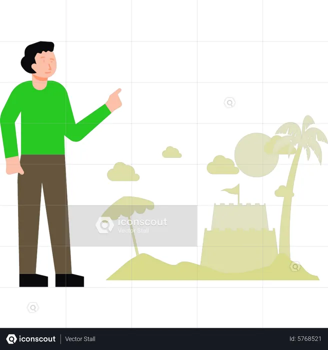 Boy looking at beach fort  Illustration