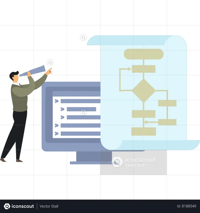 Boy Looking At Business Flow Chart  Illustration