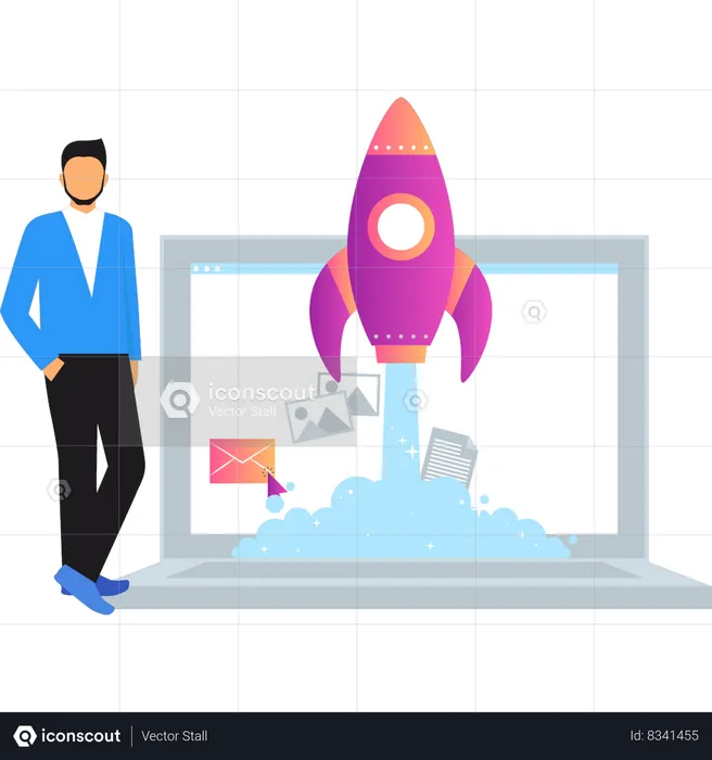 Boy looking at business rocket  Illustration
