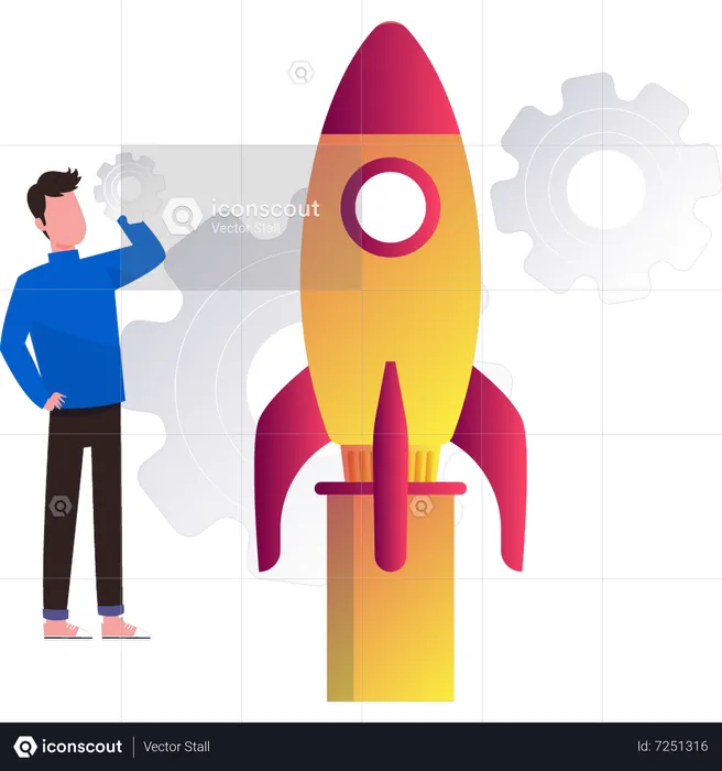 Boy looking at business startup rocket  Illustration