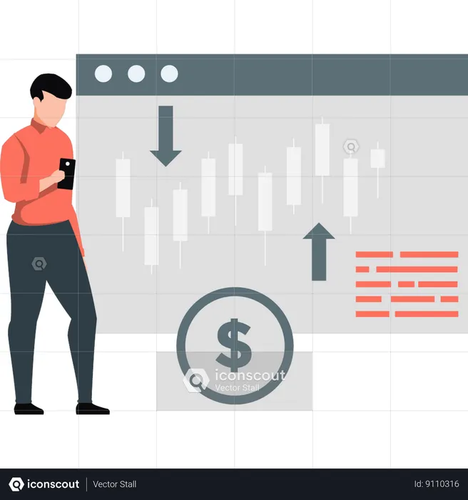 Boy looking at candle stick graph on mobile  Illustration