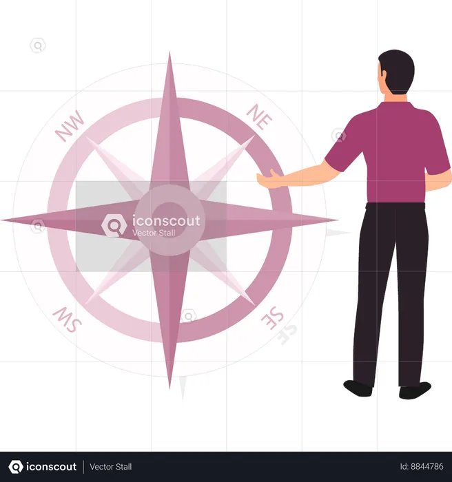 Boy looking at compass for wind direction  Illustration