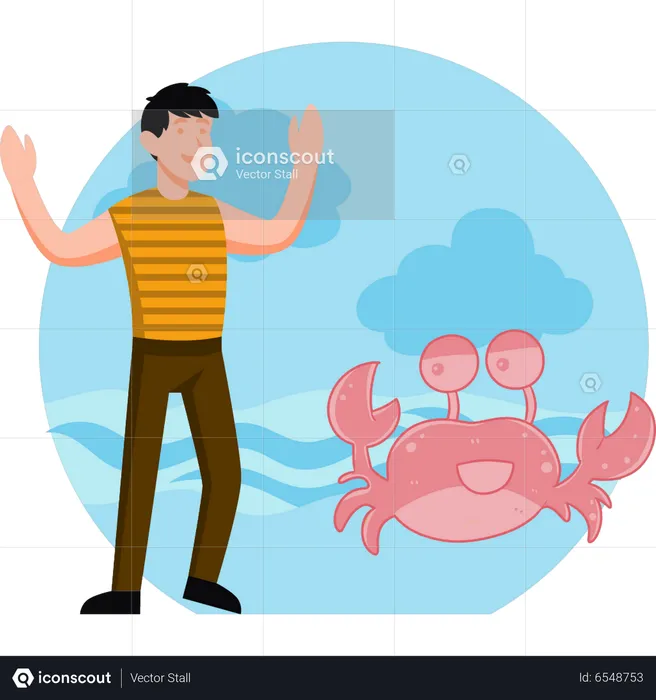 Boy looking at crab  Illustration