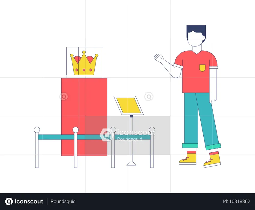 박물관에 전시된 왕관을 보는 소년  일러스트레이션