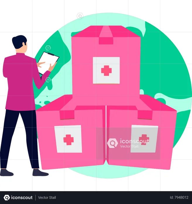 Boy looking at donation cartons  Illustration