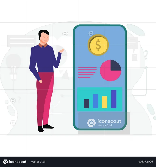 Boy looking at finance graph on mobile  Illustration