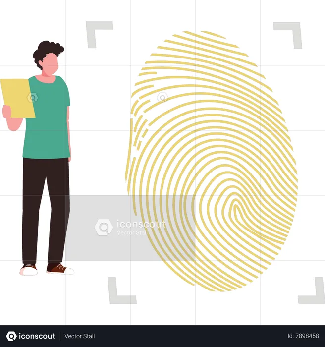 Boy looking at fingerprint identification  Illustration