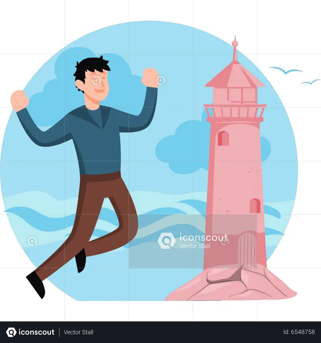 Boy looking at lighthouse at sea  Illustration