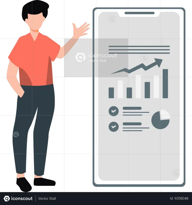Boy looking at mobile for business chart  Illustration