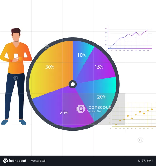 Boy looking at mobile in business pie chart  Illustration