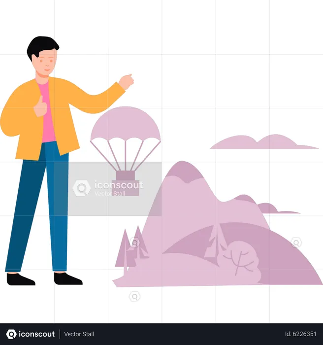 Boy looking at parachute  Illustration